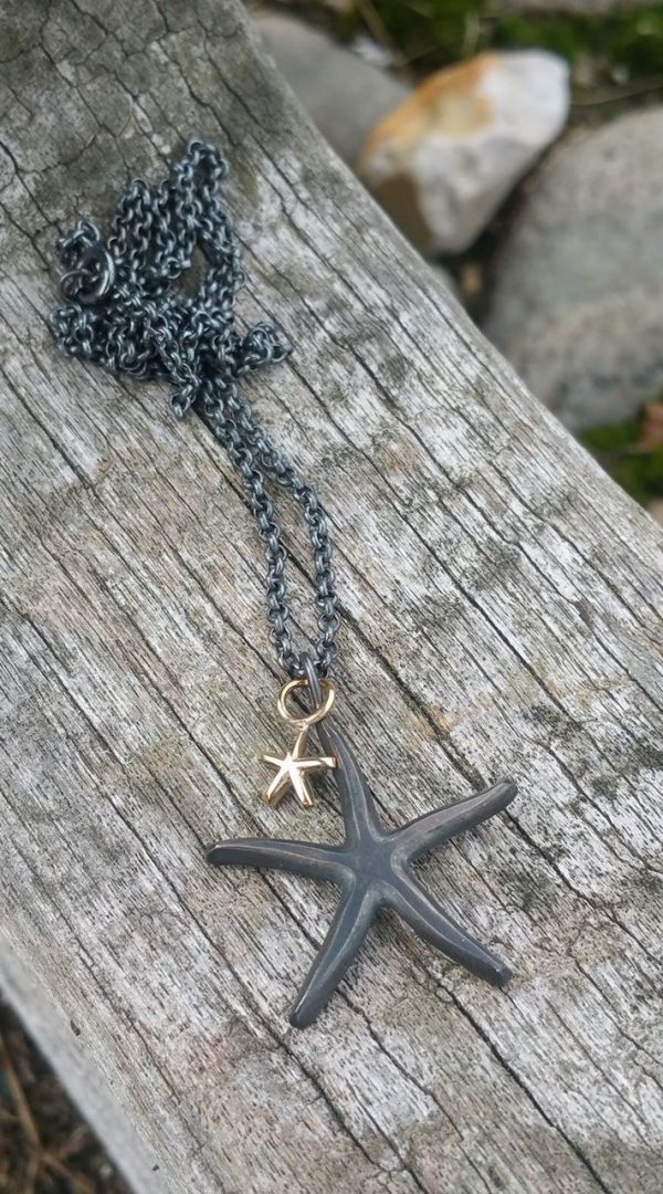 Starfish Pendant Necklace - Oxidised with Solid Gold Baby by Rob Morris